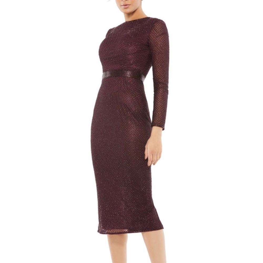 Mac Duggal Purple Plum Lattice Beaded Long Sleeve Modest Formal Midi Dress - Picture 14 of 16
